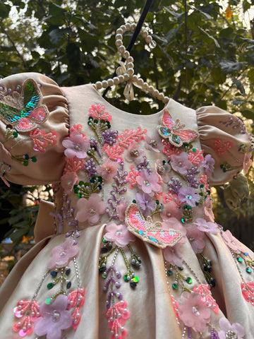 Beige Handmade Dress with 3D Butterflies