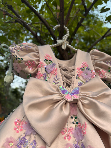 Beige Handmade Dress with 3D Butterflies