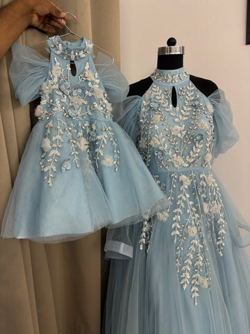 Blue Handmade Mother Daughter Dress Set