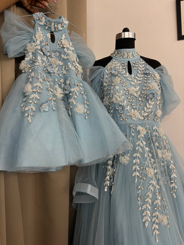 Blue Handmade Mother Daughter Dress Set