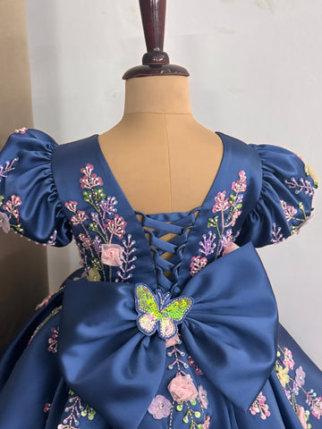 Blue Handmade Dress – Floral Embroidered Butterfly Party/Birthday Dress for Girls