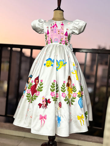 Handpainted white beautiful birthday dress for baby Girl