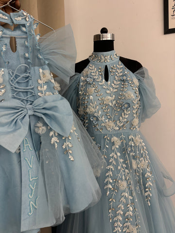 Blue Handmade Mother Daughter Dress Set