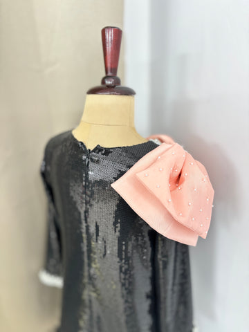 Black Sequin Shoulder Bow Dress