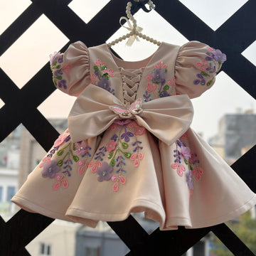 Peach Butterfly Embroidered Satin Dress for Baby Girls
