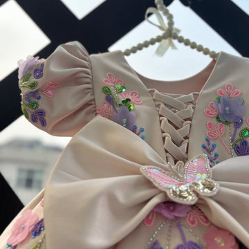 Peach Butterfly Embroidered Satin Dress for Baby Girls