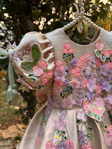 Beige Handmade Dress with 3D Butterflies