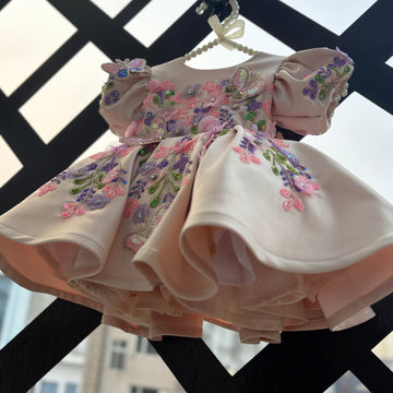 Peach Butterfly Embroidered Satin Dress for Baby Girls
