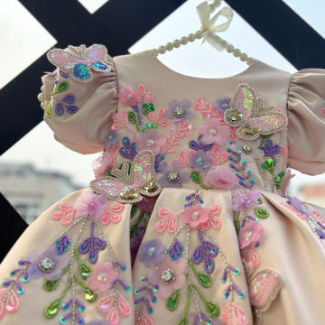 Peach Butterfly Embroidered Satin Dress for Baby Girls