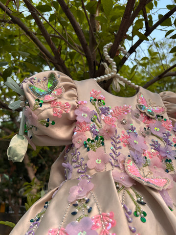 Beige Handmade Dress with 3D Butterflies