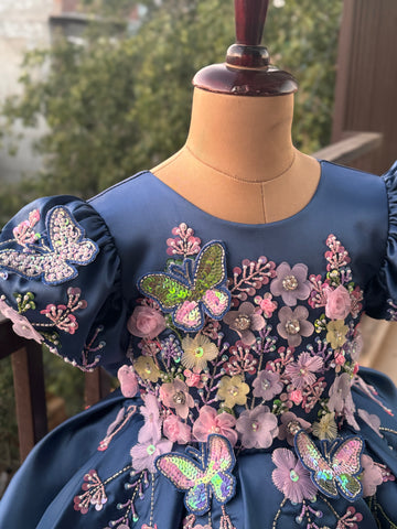 Blue Handmade Dress – Floral Embroidered Butterfly Party/Birthday Dress for Girls