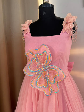 Pink 3 D Butterfly Handcrafted Dress for Women