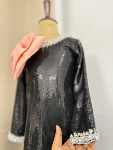 Black Sequin Shoulder Bow Dress