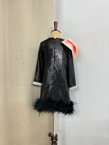 Black Sequin Shoulder Bow Dress