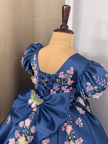 Blue Handmade Dress – Floral Embroidered Butterfly Party/Birthday Dress for Girls