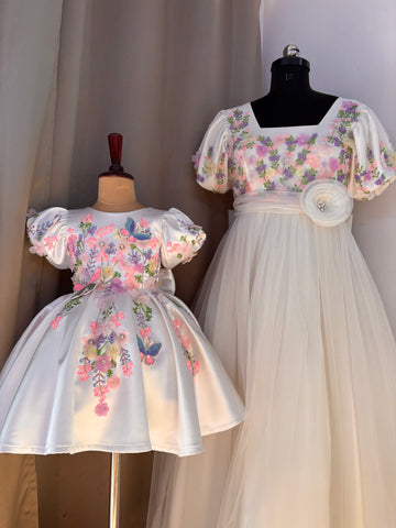 White Handmade Mother Daughter Combo Dress