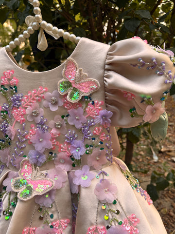 Beige Handmade Dress with 3D Butterflies