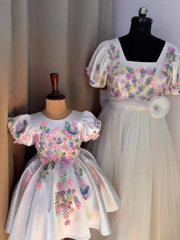 White Handmade Mother Daughter Combo Dress