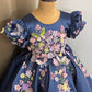 Blue Handmade Dress – Floral Embroidered Butterfly Party/Birthday Dress for Girls