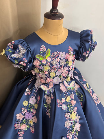 Blue Handmade Dress – Floral Embroidered Butterfly Party/Birthday Dress for Girls