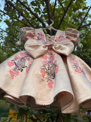Beige Handmade Dress with 3D Butterflies