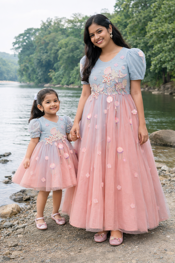 Dual Tone Handmade Mother Daughter Dress Set
