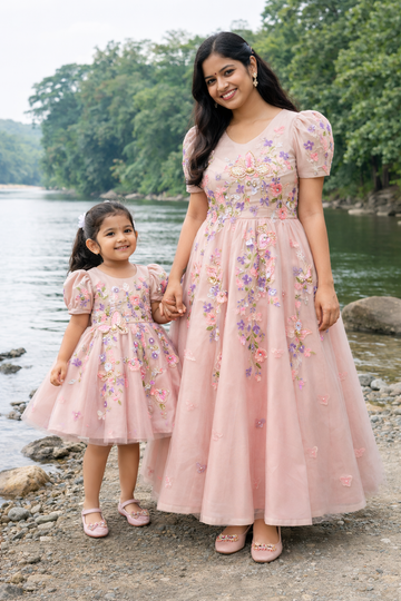 Peach Handmade Mother Daughter Dress