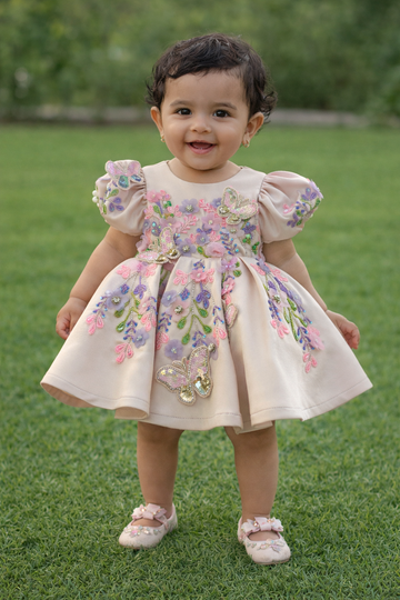 Peach Butterfly Embroidered Satin Dress for Baby Girls