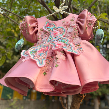Beautiful Peach Pink Dress with 3D Butterfly