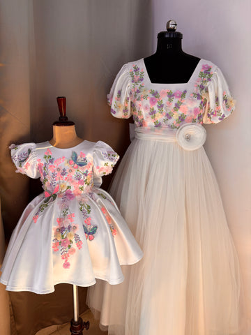 White Handmade Mother Daughter Combo Dress