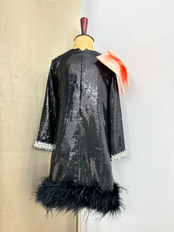 Black Sequin Shoulder Bow Dress
