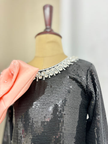 Black Sequin Shoulder Bow Dress