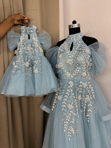 Blue Handmade Mother Daughter Dress Set