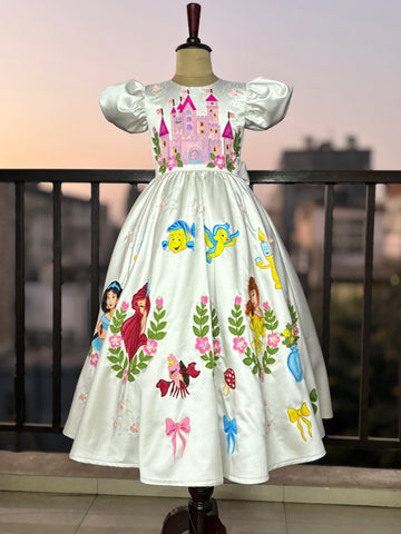 Handpainted white beautiful birthday dress for baby Girl