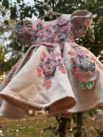 Beige Handmade Dress with 3D Butterflies