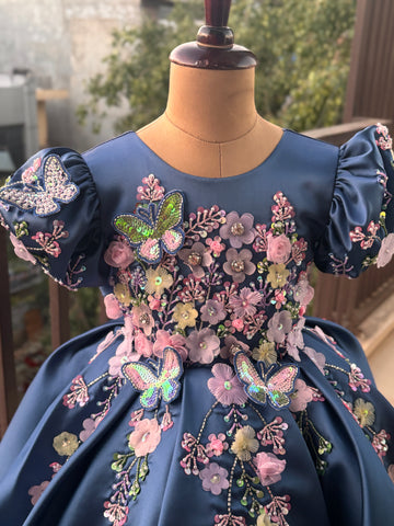 Blue Handmade Dress – Floral Embroidered Butterfly Party/Birthday Dress for Girls