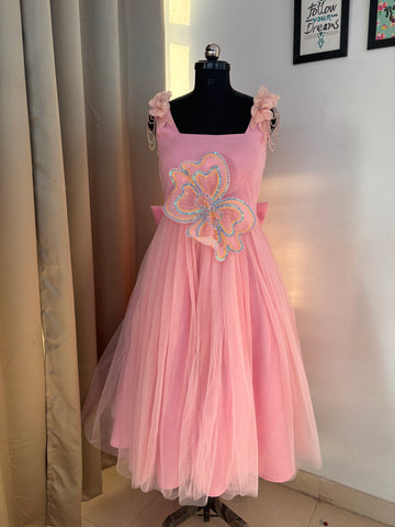 Pink 3 D Butterfly Handcrafted Dress for Women