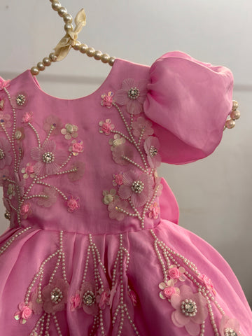 Pink Satin Organza Hand Crafted Dress