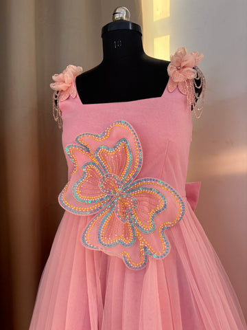 Pink 3 D Butterfly Handcrafted Dress for Women
