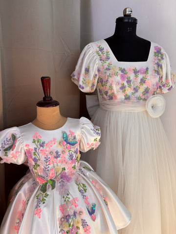 White Handmade Mother Daughter Combo Dress