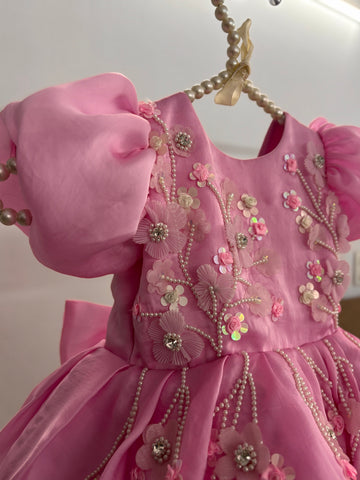 Pink Satin Organza Hand Crafted Dress