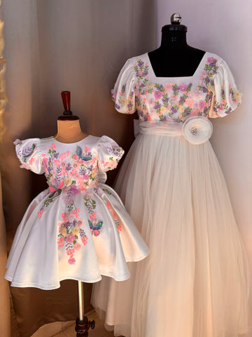 White Handmade Mother Daughter Combo Dress