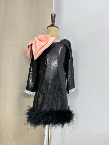 Black Sequin Shoulder Bow Dress