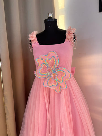 Pink 3 D Butterfly Handcrafted Dress for Women