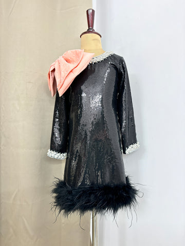 Black Sequin Shoulder Bow Dress