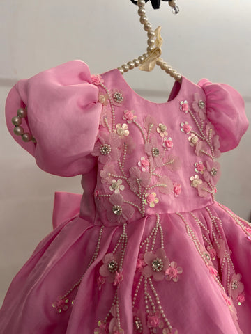 Pink Satin Organza Hand Crafted Dress