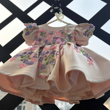 Peach Butterfly Embroidered Satin Dress for Baby Girls