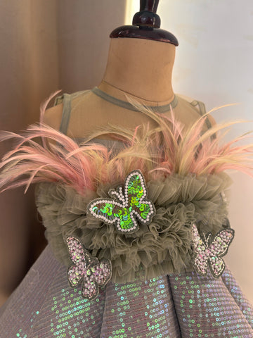 Green Ball Gown with Feather work