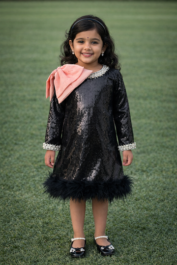 Black Sequin Shoulder Bow Dress