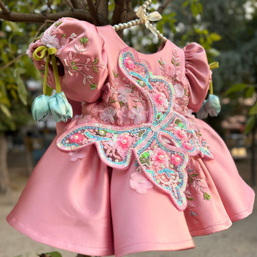 Beautiful Peach Pink Dress with 3D Butterfly